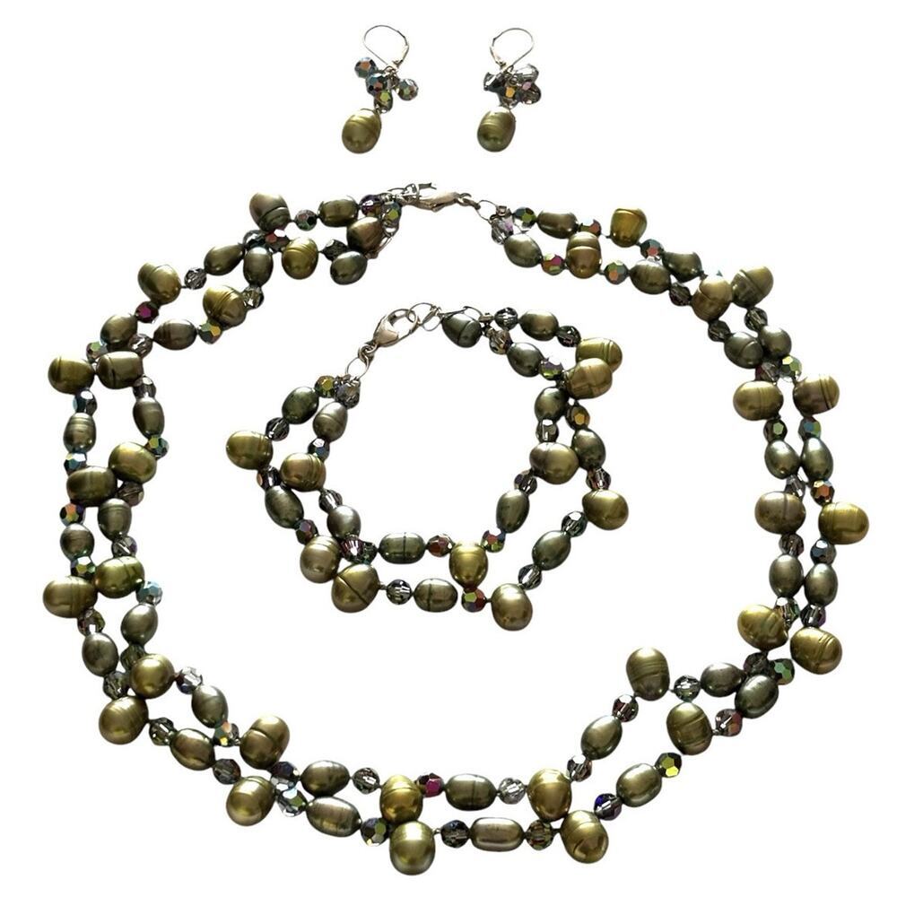 925 Sterling Green Baroque Pearl Faceted Crystal Set Necklace Bracelet Earrings
